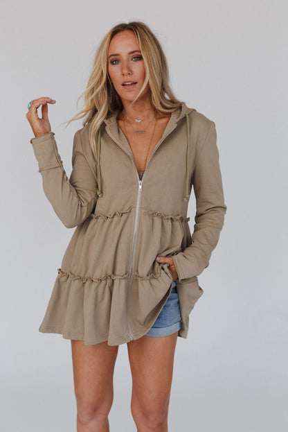 Khaki Tiered Frill Detail Zip-Up Drawstring Hoodie