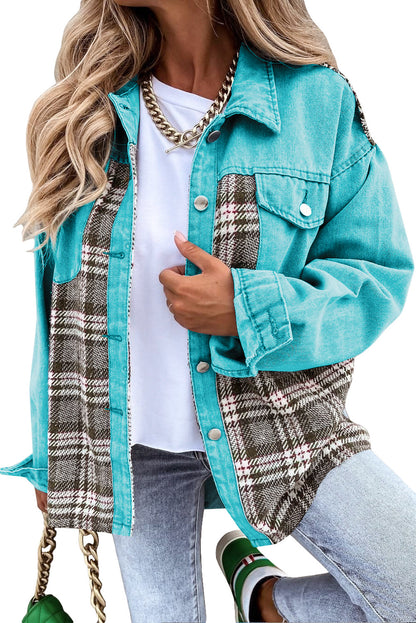 Sky Blue Plaid Patchwork Pockets Denim Jacket