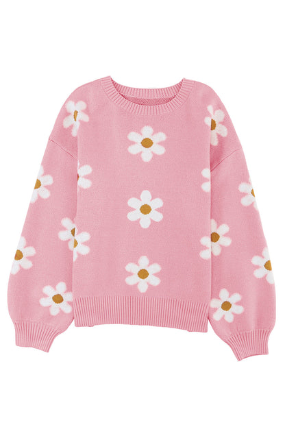 Pink Floral Pattern Drop Shoulder Pullover Knit Sweater