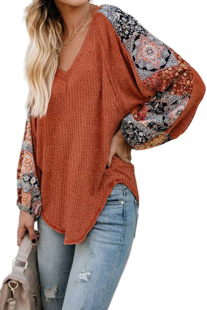 Bohemian Printed Patchwork Sleeve Casual Waffle Texture Top