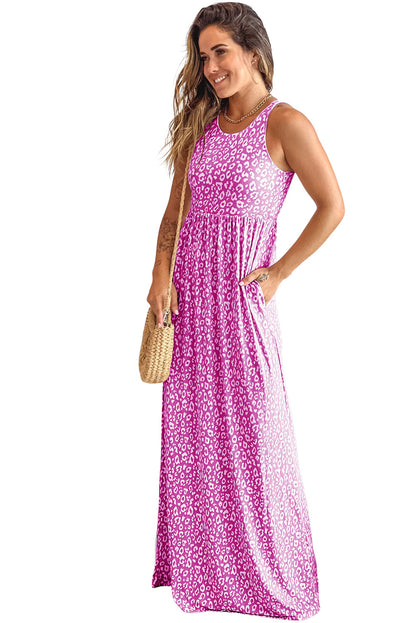 Sleeveless Floor Length Leopard Print Dress with Pockets