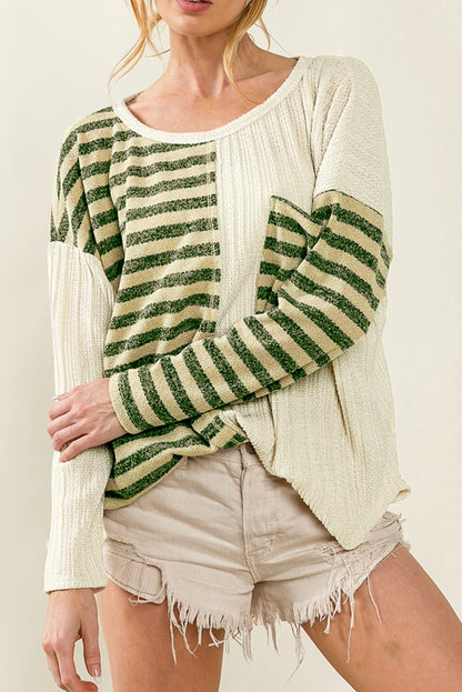 Khaki Striped Print Ribbed Color Block Long Sleeve Top