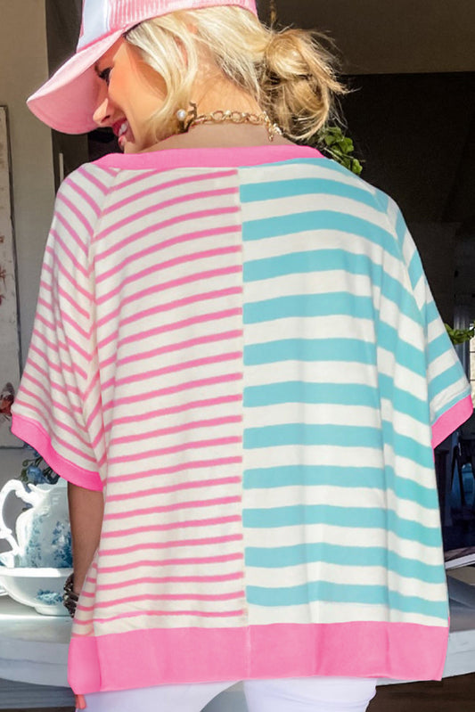 Pink Striped Colorblock Oversized T Shirt