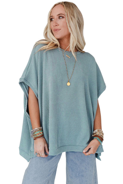 Sky Blue Plain Ribbed Knit Batwing Sleeve Tunic Oversized T Shirt