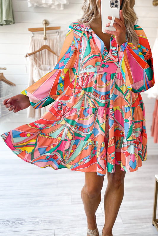 Multicolor Geometric Abstract Print Long Sleeve Shirt Dress