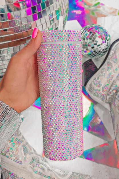 Silver 16oz Full Rhinestone Straw Tumbler