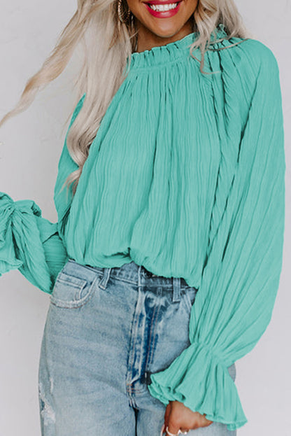 Green Striking Pleated Flared Cuff Long Sleeve Blouse