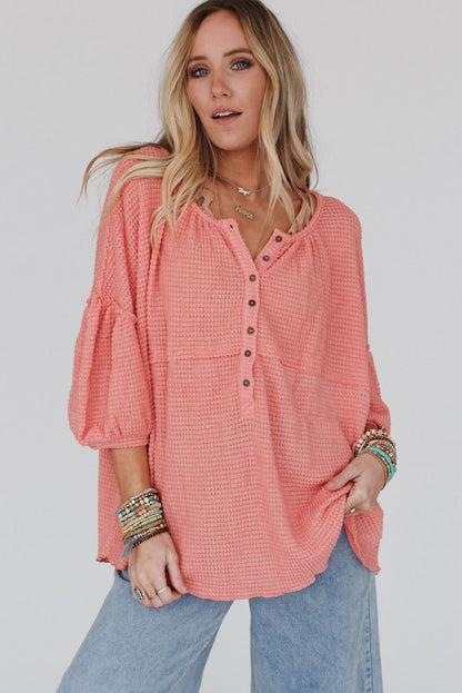 Pink Waffled Bracelet Sleeve Oversized Henley Top