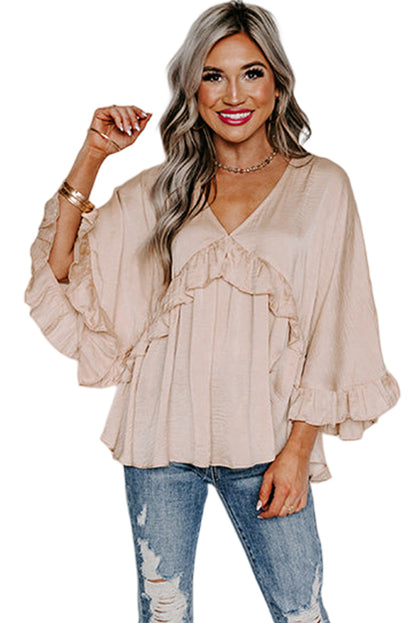 V Neck Draped Batwing Sleeve Ruffle Top