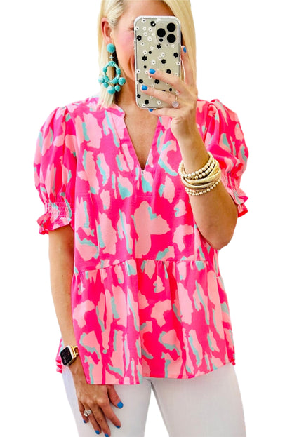 Rose Abstract Print Smocked Puff Sleeve V Neck Peplum Blouse