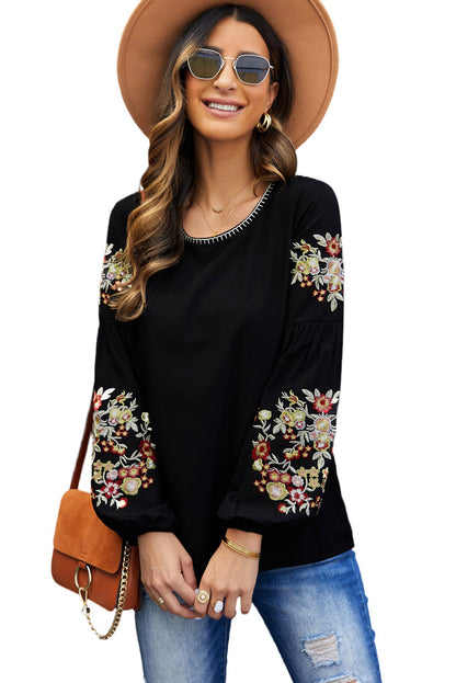 Black Flower Embroidered Jewel Neckline Long Sleeve Shirt