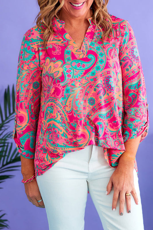 Paisley Print Split Neck Roll Tab Sleeve Plus Size Blouse