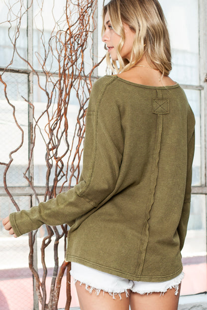 Green Acid Wash Exposed Seam Pullover Long Sleeve Top