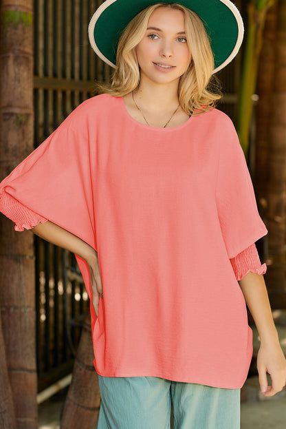 Rosy Solid Casual Smocked Cuffs Top