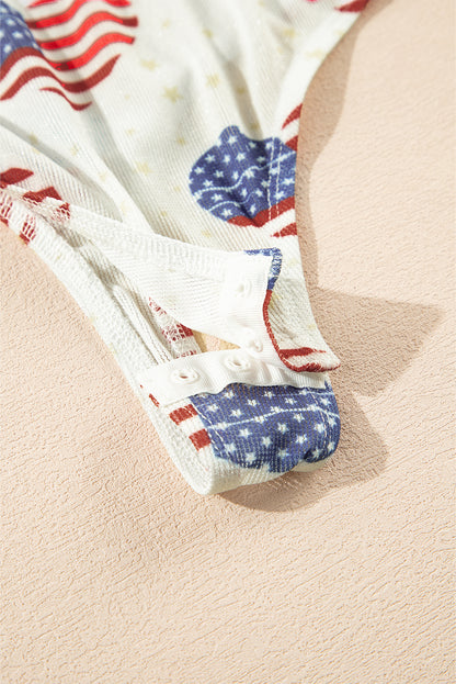 White Heart USA Flag Print Glitter Mesh Bodysuit