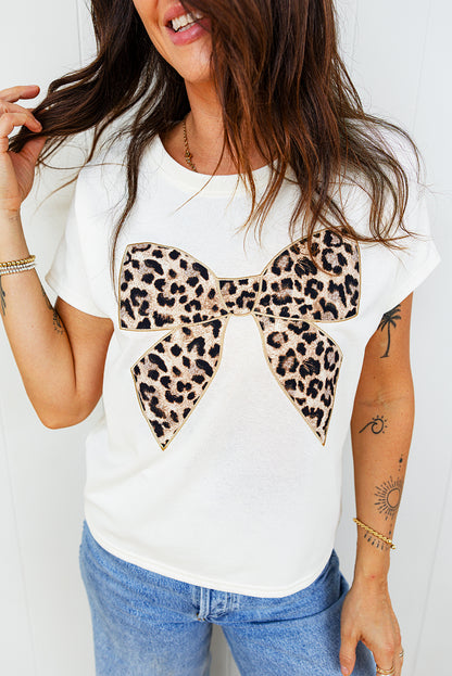Black Leopard Bow Embroidered Cotton Round Neck T Shirt