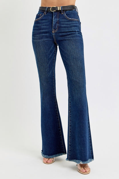 RISEN Tummy Control Frayed Hem Flare Jeans