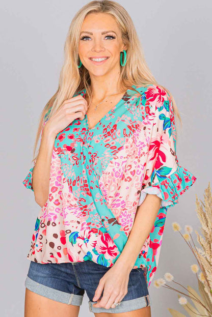 Multicolor Leopard Floral Mixed Print Ruffle Sleeve Surplice Blouse