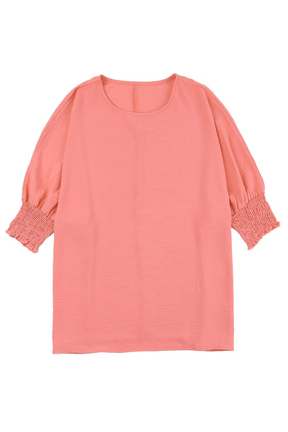 Rosy Solid Casual Smocked Cuffs Top