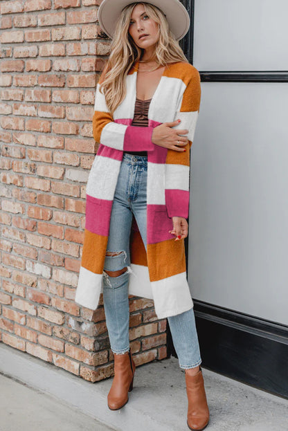 Multicolor Knitted Color Block Open Front Long Cardigan