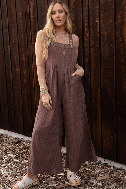 Brown Striped Pleated Pockets Wide Leg Jumpsuit