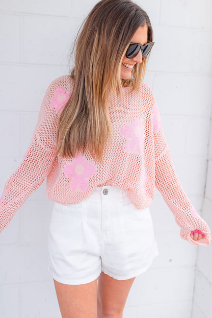 Light Pink Flower Drop Shoulder Hollow Knit Top