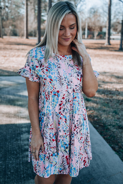 Pink Abstract Print Boho Tiered Ruffled Short Dress