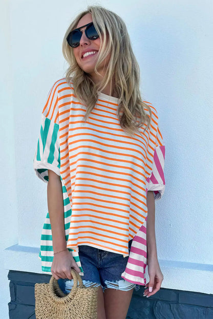 Blue Stripe Patchwork Slits Baggy T Shirt