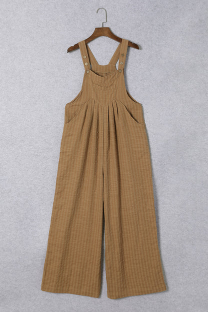 Brown Striped Pleated Pockets Wide Leg Jumpsuit