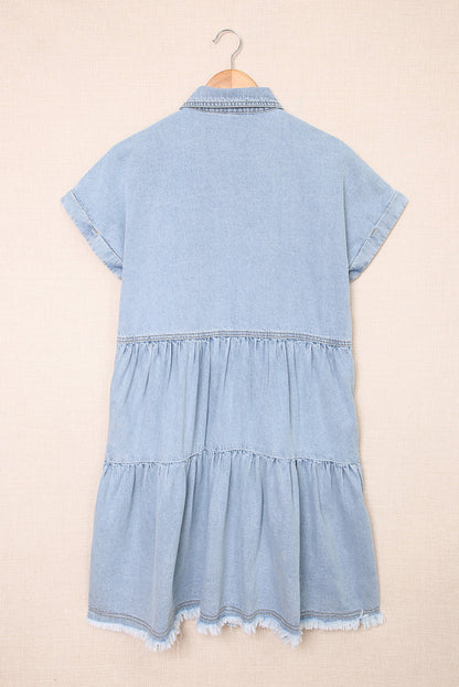 Gray Button Up Short Sleeve Denim Shirt Dress