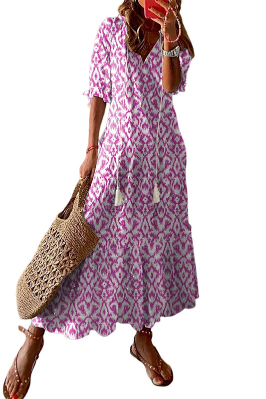 Pink Geometric Print Casual V Neck Maxi Dress