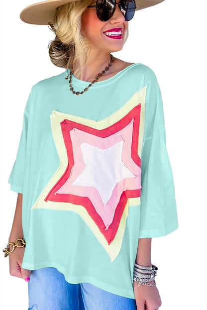 Light Pink Colorblock Star Patched Half Sleeve Oversized Tee