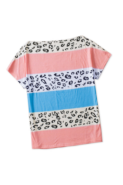 Leopard Print and Stripes Color Block Short Sleeve Boat Neck Top