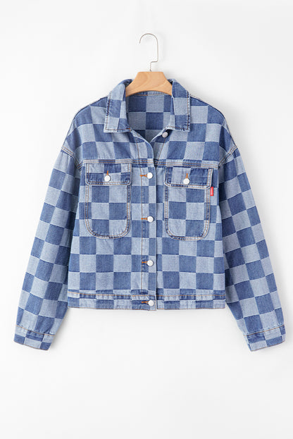 Black Checkered Patchwork Button Up Denim Jacket