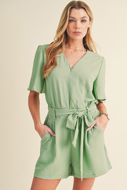 Grass Green Solid Color V Neck Wrap Waist Tie Romper