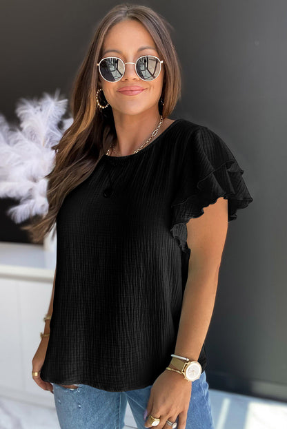 Rosy Crinkled Ruffle Casual Short Sleeve Blouse