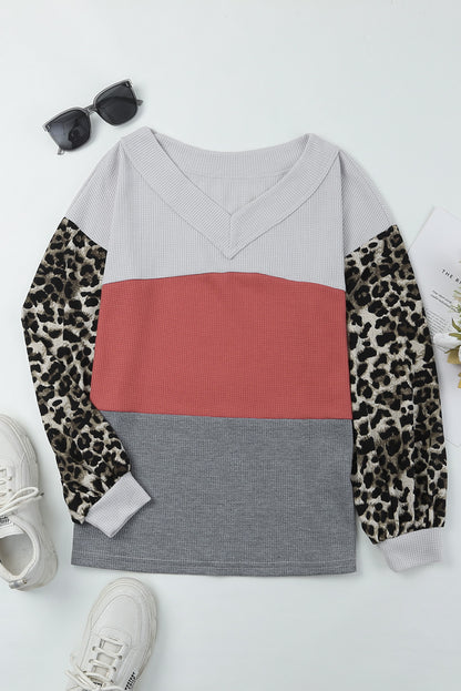 Leopard Print Color Block V Neck Waffle Knit Long Sleeve Top