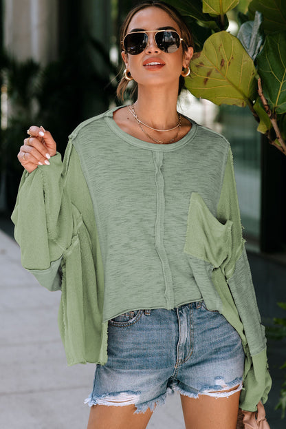 Green Splicing Long Sleeve Pocketed Oversized Top