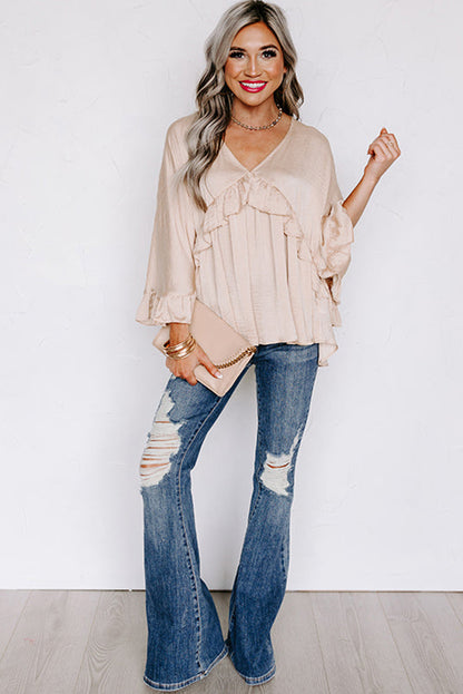 V Neck Draped Batwing Sleeve Ruffle Top