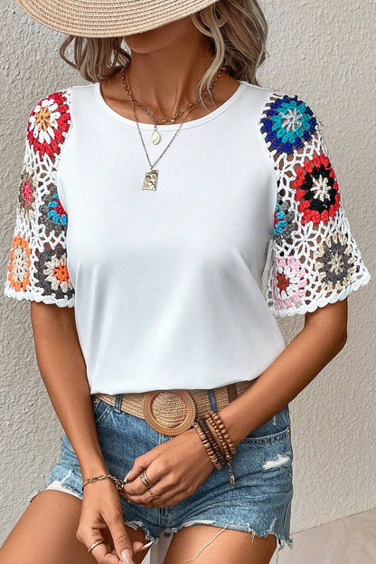 White Floral Hollowed Crochet Sleeve Boho Blouse