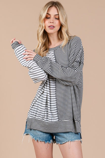 Ces Femme Striped Round Neck Long Sleeve Knit Top