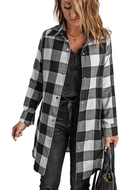 Brown & Black Plaid Collared Botton Down Long Shirt Shacket