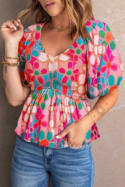 Apricot Floral Print Puff Sleeve Blouse V Neck Smocked Peplum Top