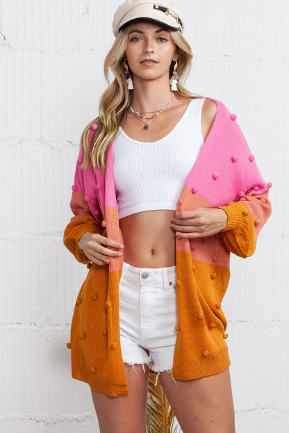 Rose Pompom Color Block Knit Open Front Cardigan