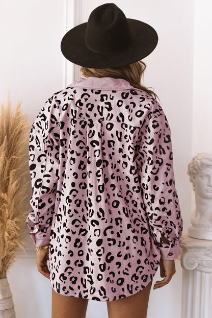 Pink Leopard Collared Neckline Flap Pockets Corduroy Jacket