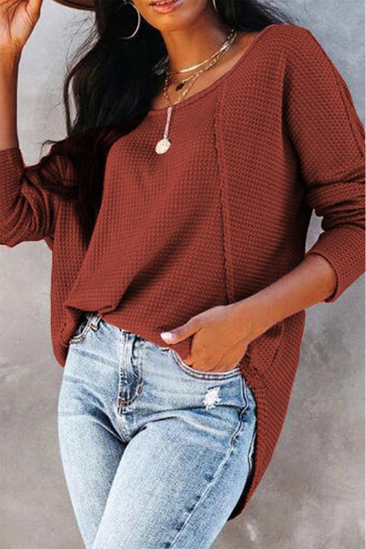 Red Waffle Knit Patchwork Casual Long Sleeve Top