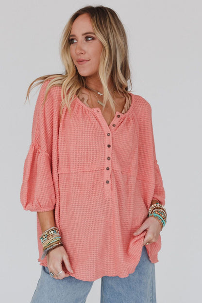 Pink Waffled Bracelet Sleeve Oversized Henley Top