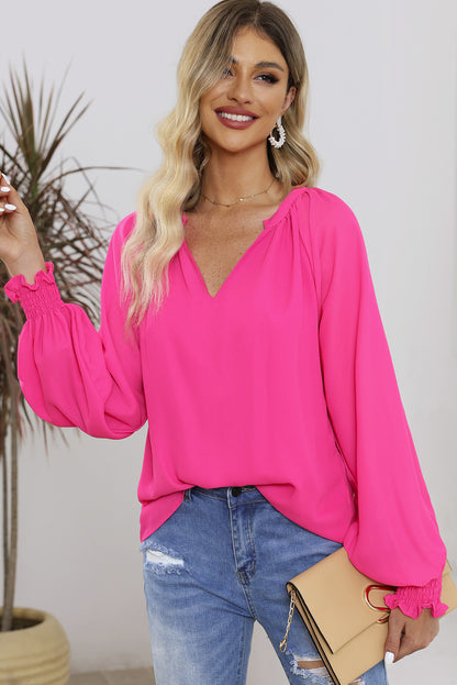 Rose Pleated V Neck Puffy Sleeve Blouse