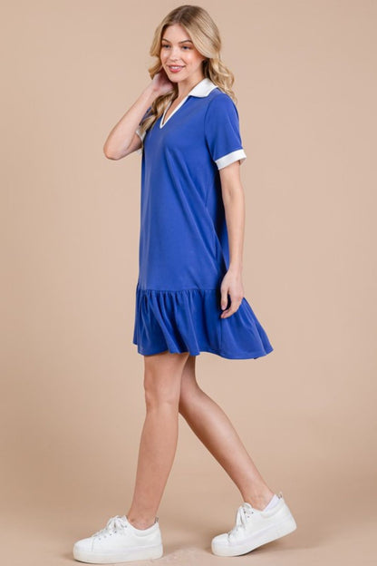 Ces Femme Ruffled Hem Johnny Collar Short Sleeve Dress