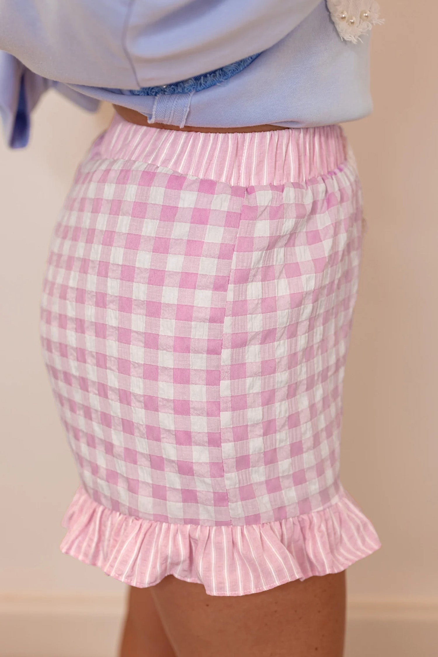 Sky Blue Gingham Print Ruffle Striped Detail Lace Tie Shorts